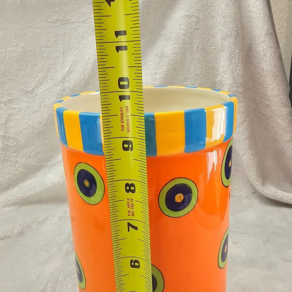 All U Can Handle Hand Painted Ceramic Vase Utensil Holder Orange Dots 10in 90s